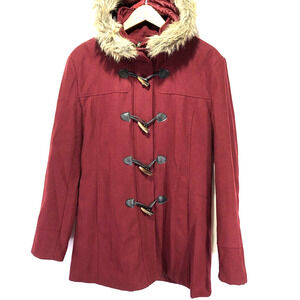 Alpine Swiss Jacket Women XL (L) Burgundy Wool Blend Toggle Button Faux Fur Hood